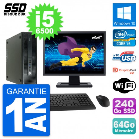 PC HP 600 G2 SFF Ecran 22" Intel Core i5-6500 RAM 64Go SSD 240Go Windows 10 Wifi