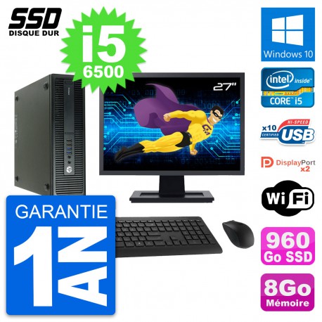 PC HP 600 G2 SFF Ecran 27" Intel Core i5-6500 RAM 8Go SSD 960Go Windows 10 Wifi