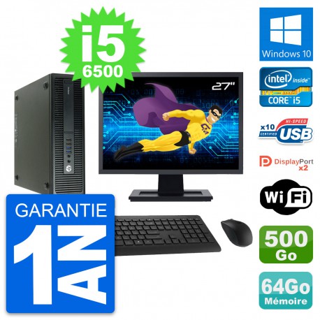 PC HP 600 G2 SFF Ecran 27" Intel i5-6500 RAM 64Go Disque 500Go Windows 10 Wifi