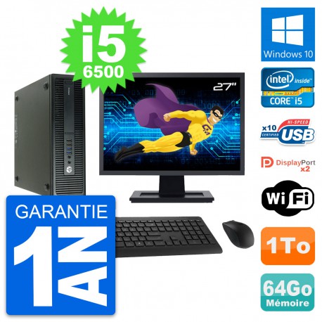 PC HP 600 G2 SFF Ecran 27" Intel i5-6500 RAM 64Go Disque Dur 1To Windows 10 Wifi