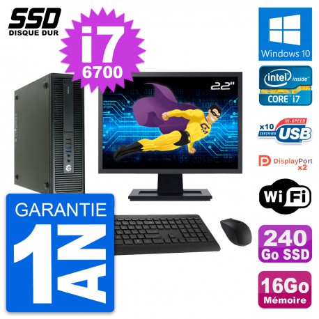 PC HP 600 G2 SFF Ecran 22" Intel Core i7-6700 RAM 16Go SSD 240Go Windows 10 Wifi