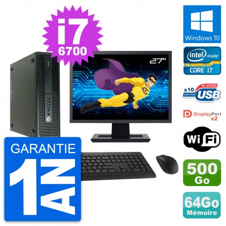PC HP 600 G2 SFF Ecran 27" Intel i7-6700 RAM 64Go Disque 500Go Windows 10 Wifi