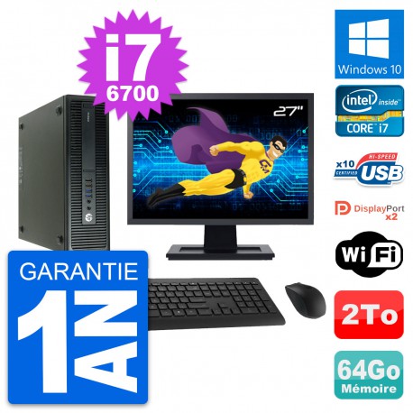 PC HP 600 G2 SFF Ecran 27" Intel i7-6700 RAM 64Go Disque Dur 2To Windows 10 Wifi