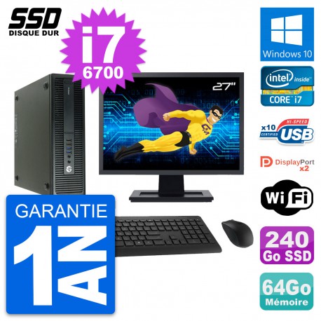 PC HP 600 G2 SFF Ecran 27" Intel Core i7-6700 RAM 64Go SSD 240Go Windows 10 Wifi