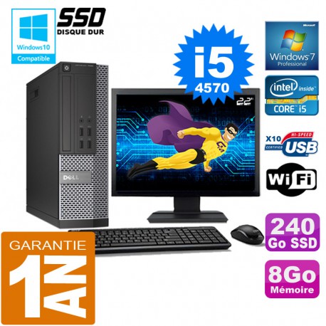 PC DELL 7020 SFF Core I5-4570 Ram 8Go Disque 240 Go SSD Wifi W7 Ecran 22"