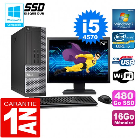 PC DELL 7020 SFF Core I5-4570 Ram 16Go Disque 480 Go SSD Wifi W7 Ecran 19"