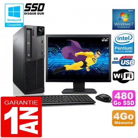 PC Lenovo M92p SFF Intel G630 Ram 4Go Disque 480 Go SSD Wifi W7 Ecran 22"