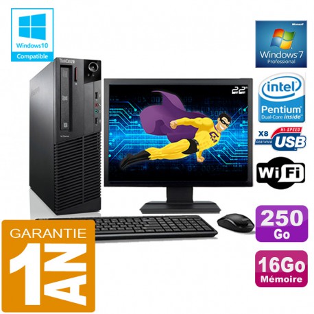 PC Lenovo M92p SFF Intel G630 Ram 16Go Disque 250 Go Wifi W7 Ecran 22"