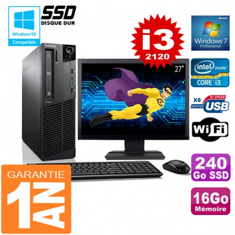 PC Lenovo M92p SFF Core I3-2120 Ram 16Go Disque 240 Go SSD Wifi W7 Ecran 27"