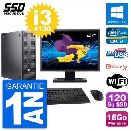 PC HP 600 G1 SFF Ecran 27" Intel Core i3-4130 RAM 16Go SSD 120Go Windows 10 Wifi
