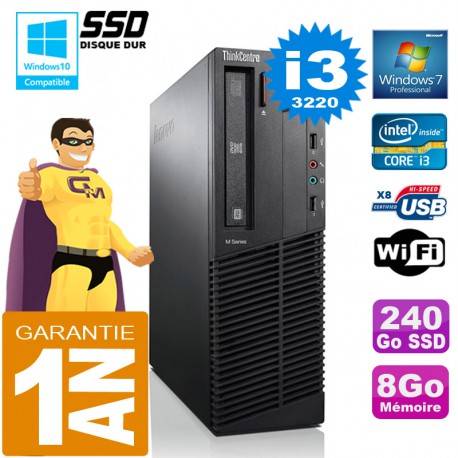 PC Lenovo M92p SFF Core I3-3220 Ram 8Go Disque 240 Go SSD Graveur DVD Wifi W7