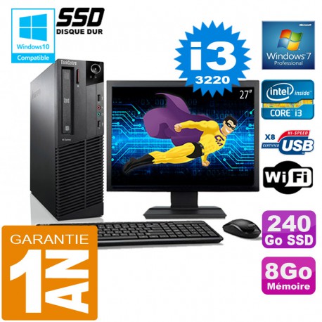PC Lenovo M92p SFF Core I3-3220 Ram 8Go Disque 240 Go SSD Wifi W7 Ecran 27"