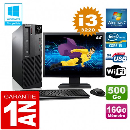 PC Lenovo M92p SFF Core I3-3220 Ram 16Go Disque 500 Go Wifi W7 Ecran 22"