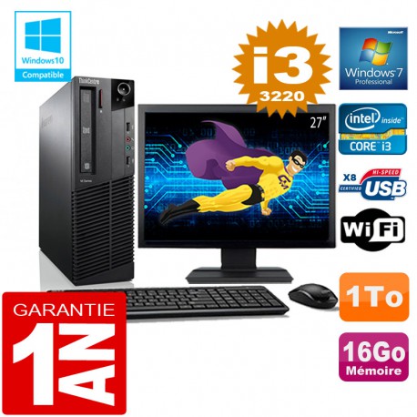 PC Lenovo M92p SFF Core I3-3220 Ram 16Go Disque 1 To Wifi W7 Ecran 27"