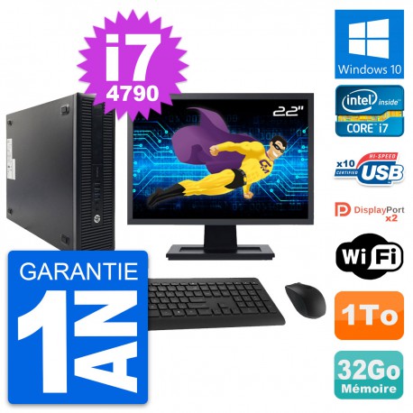 PC HP 600 G1 SFF Ecran 22" Intel i7-4790 RAM 32Go Disque Dur 1To Windows 10 Wifi