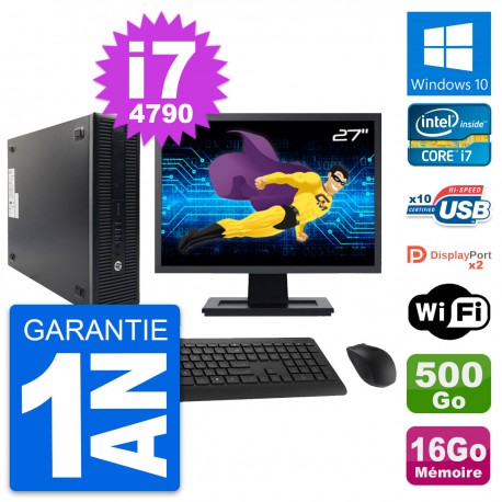 PC HP 600 G1 SFF Ecran 27" Intel i7-4790 RAM 16Go Disque 500Go Windows 10 Wifi