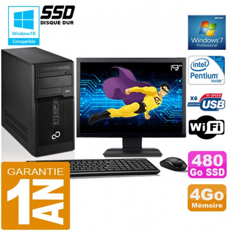 PC Tour Fujitsu Esprimo P400 G630 RAM 4Go Disque 480 Go SSD Wifi W7 Ecran 19"