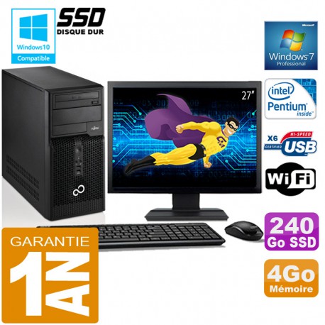 PC Tour Fujitsu Esprimo P400 G630 RAM 4Go Disque 240 Go SSD Wifi W7 Ecran 27"