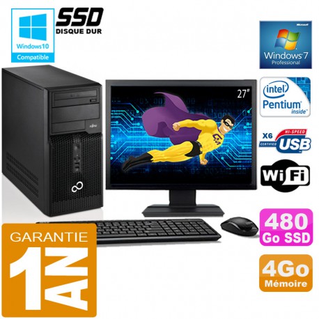 PC Tour Fujitsu Esprimo P400 G630 RAM 4Go Disque 480 Go SSD Wifi W7 Ecran 27"