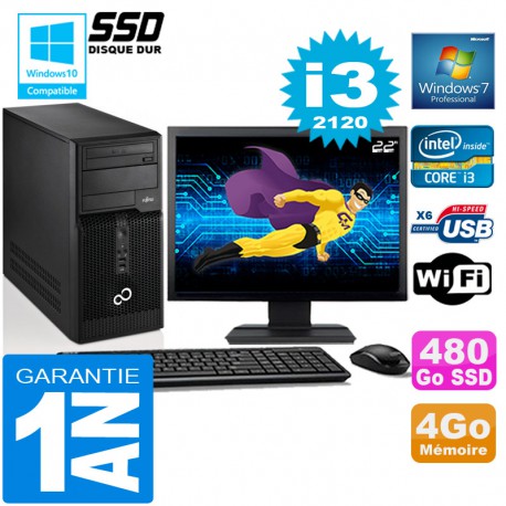PC Tour Fujitsu Esprimo P400 I3-2120 RAM 4Go Disque 480 Go SSD Wifi W7 Ecran 22"