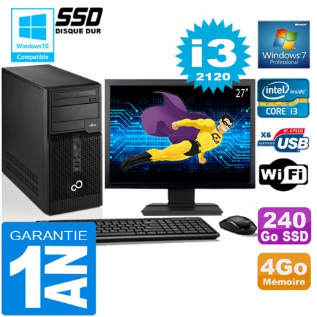 PC Tour Fujitsu Esprimo P400 I3-2120 RAM 4Go Disque 240 Go SSD Wifi W7 Ecran 27"