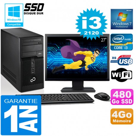 PC Tour Fujitsu Esprimo P400 I3-2120 RAM 4Go Disque 480 Go SSD Wifi W7 Ecran 27"