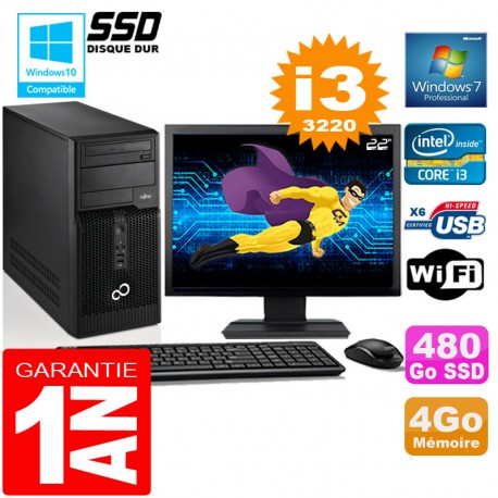 PC Tour Fujitsu Esprimo P400 I3-3220 RAM 4Go Disque 480 Go SSD Wifi W7 Ecran 22"