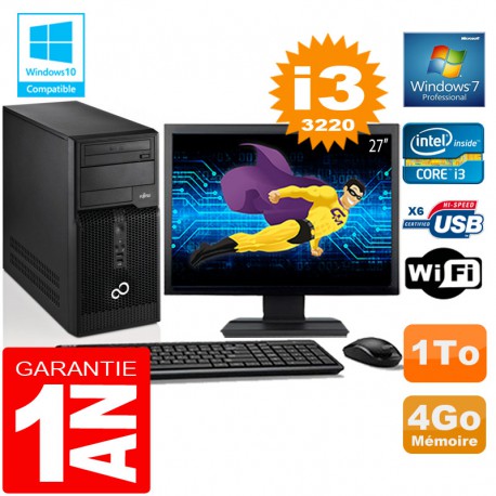 PC Tour Fujitsu Esprimo P400 I3-3220 RAM 4Go Disque 1 To Wifi W7 Ecran 27"