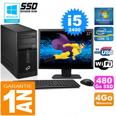 PC Tour Fujitsu Esprimo P400 I5-2400 RAM 4Go Disque 480 Go SSD Wifi W7 Ecran 22"