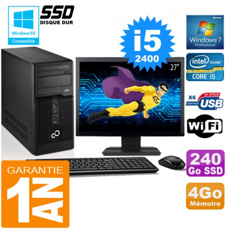 PC Tour Fujitsu Esprimo P400 I5-2400 RAM 4Go Disque 240 Go SSD Wifi W7 Ecran 27"