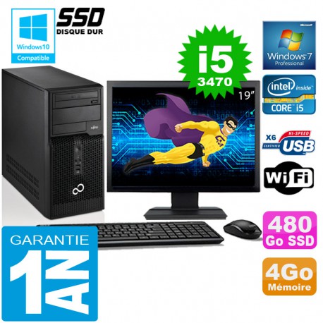 PC Tour Fujitsu Esprimo P400 I5-3470 RAM 4Go Disque 480 Go SSD Wifi W7 Ecran 19"