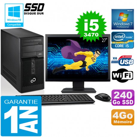 PC Tour Fujitsu Esprimo P400 I5-3470 RAM 4Go Disque 240 Go SSD Wifi W7 Ecran 27"