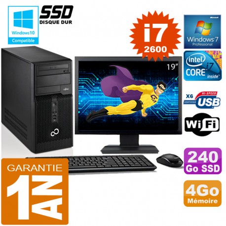 PC Tour Fujitsu Esprimo P400 I7-2600 RAM 4Go Disque 240 Go SSD Wifi W7 Ecran 19"