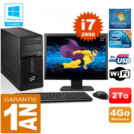PC Tour Fujitsu Esprimo P400 I7-2600 RAM 4Go Disque 2 To Wifi W7 Ecran 22"