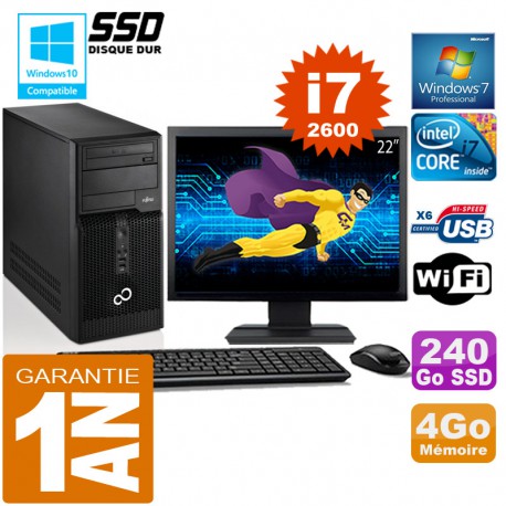 PC Tour Fujitsu Esprimo P400 I7-2600 RAM 4Go Disque 240 Go SSD Wifi W7 Ecran 22"