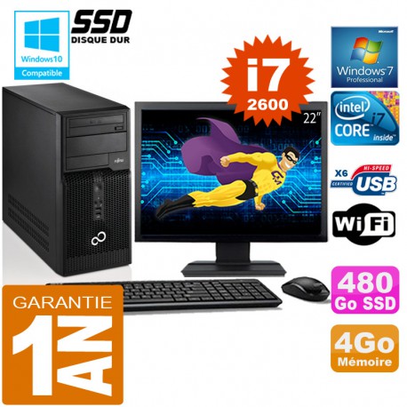 PC Tour Fujitsu Esprimo P400 I7-2600 RAM 4Go Disque 480 Go SSD Wifi W7 Ecran 22"