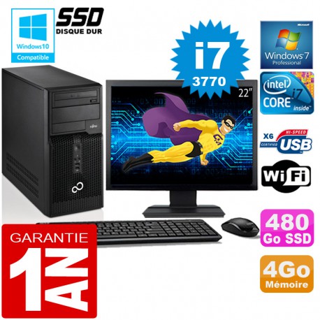 PC Tour Fujitsu Esprimo P400 I7-3770 RAM 4Go Disque 480 Go SSD Wifi W7 Ecran 22"