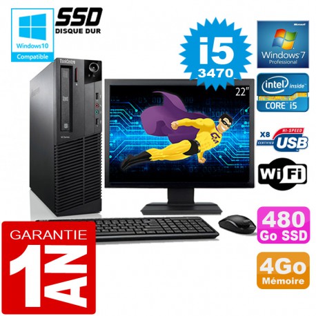 PC Lenovo M92p SFF Core I5-3470 Ram 4Go Disque 480 Go SSD Wifi W7 Ecran 22"