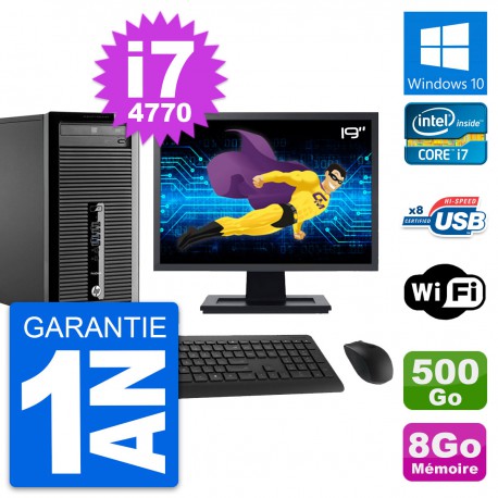 PC Tour HP 400 G1 Ecran 19" Intel i7-4770 RAM 8Go Disque 500Go Windows 10 Wifi