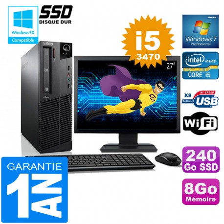 PC Lenovo M92p SFF Core I5-3470 Ram 8Go Disque 240 Go SSD Wifi W7 Ecran 27"