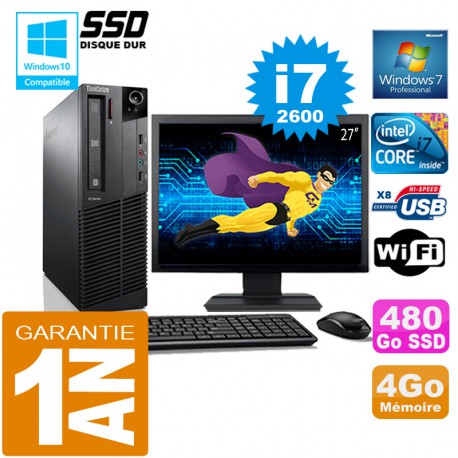 PC Lenovo M92p SFF Core I7-2600 Ram 4Go Disque 480 Go SSD Wifi W7 Ecran 27"