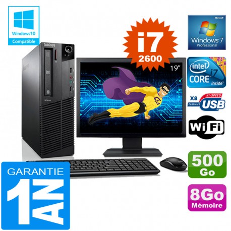 PC Lenovo M92p SFF Core I7-2600 Ram 8Go Disque 500 Go Wifi W7 Ecran 19"
