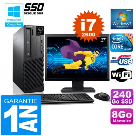 PC Lenovo M92p SFF Core I7-2600 Ram 8Go Disque 240 Go SSD Wifi W7 Ecran 27"