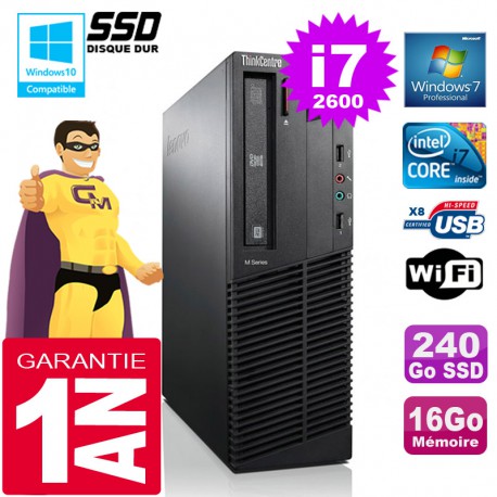 PC Lenovo M92p SFF Core I7-2600 Ram 16Go Disque 240 Go SSD Graveur DVD Wifi W7