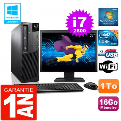 PC Lenovo M92p SFF Core I7-2600 Ram 16Go Disque 1 To Wifi W7 Ecran 27"