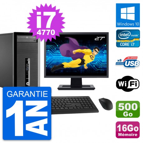 PC Tour HP 400 G1 Ecran 27" Intel i7-4770 RAM 16Go Disque 500Go Windows 10 Wifi