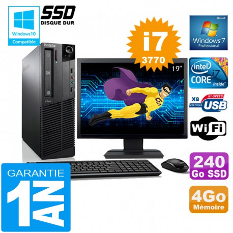 PC Lenovo M92p SFF Core I7-3770 Ram 4Go Disque 240 Go SSD Wifi W7 Ecran 19"