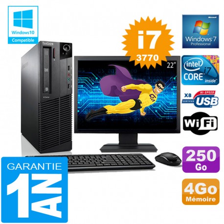 PC Lenovo M92p SFF Core I7-3770 Ram 4Go Disque 250 Go Wifi W7 Ecran 22"