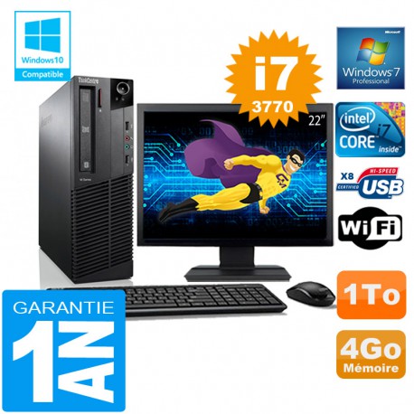 PC Lenovo M92p SFF Core I7-3770 Ram 4Go Disque 1 To Wifi W7 Ecran 22"