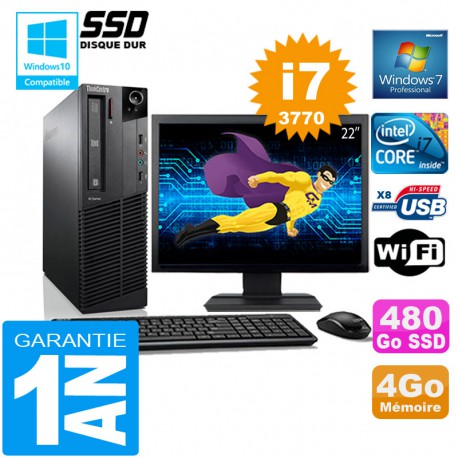 PC Lenovo M92p SFF Core I7-3770 Ram 4Go Disque 480 Go SSD Wifi W7 Ecran 22"